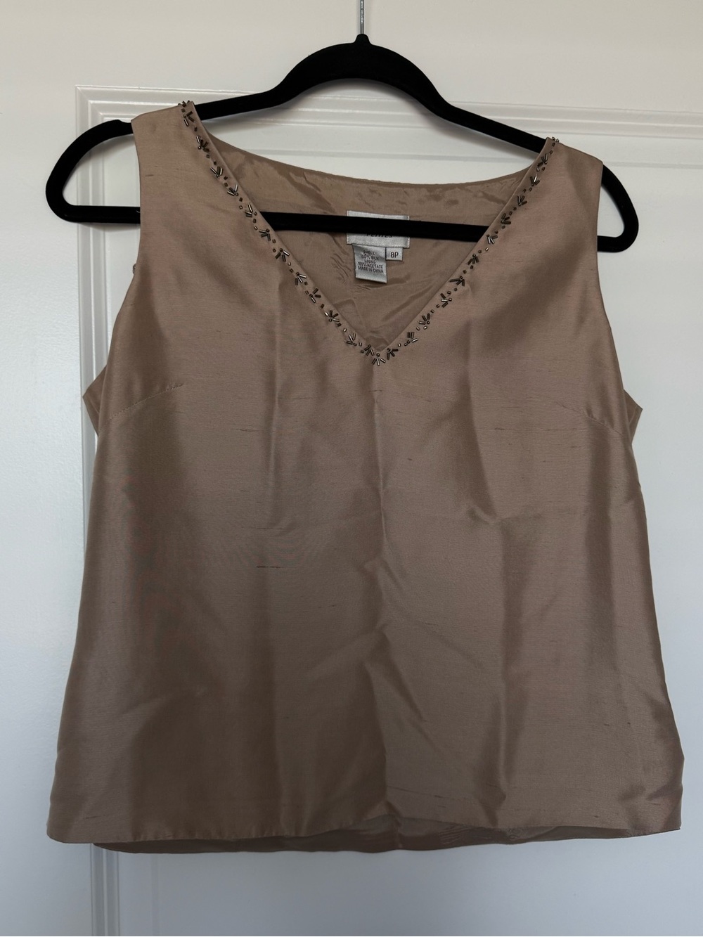 Vintage Adrianna Papell 100% Silk Beaded V-Neck Minimalist Tank Top Size 8P